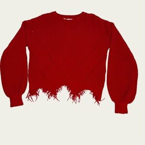 No Boundaries Women’s Red Frayed Hem Bubble Sleeve Sweater Size Medium